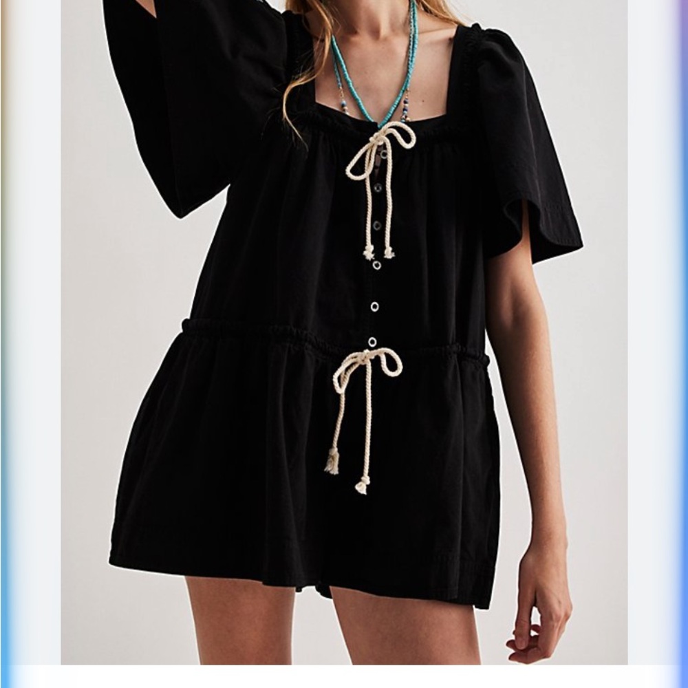 Free People Black Square-Neck Button Front Romper with Tie Details NWOT - Picture 3 of 4